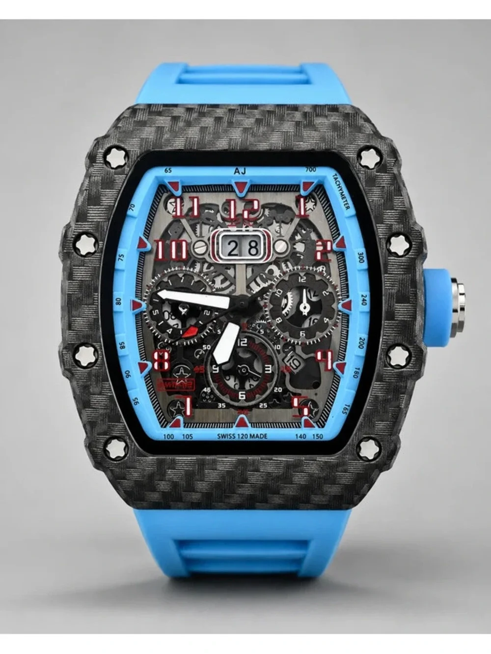 #560 AJ Brand 42mm Skeleton-Style Watch – Bold Blue & Black Design